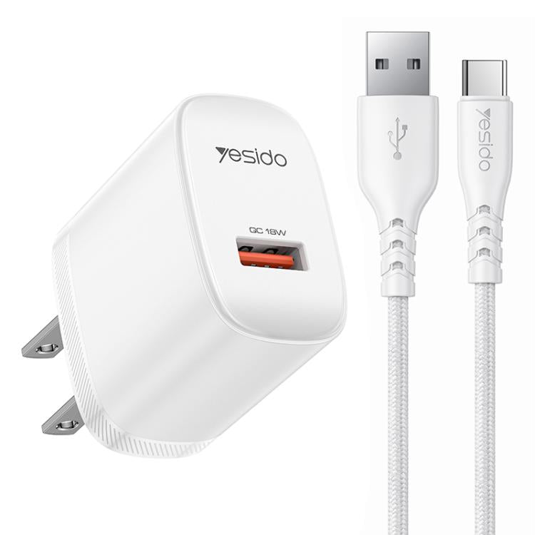 Yesido 18W USB Single Interface Charger Set with USB to Type-C Cable, EU Plug, UK Plug, US Plug