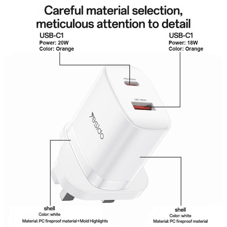 Yesido YC152 PD20W USB-C / Type-C and QC18W USB-A Dual Ports Charger Set with Type-C to Type-C Cable, YC152