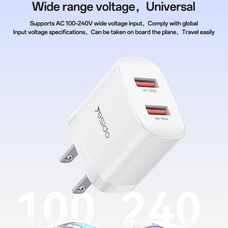 Yesido YC17U 12W 2.4A USB Dual Ports Charger Set with 1m USB to Type-C Data Cable, YC17U