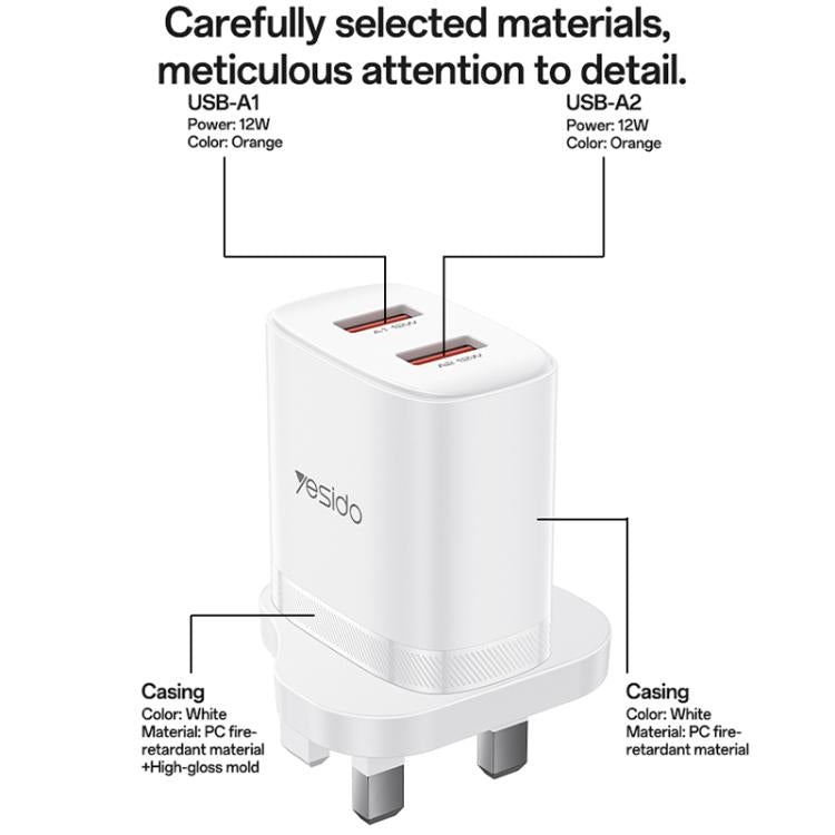 Yesido YC150 12W 2.4A USB Dual Ports Charger Set with 1m USB to Type-C Data Cable, YC150