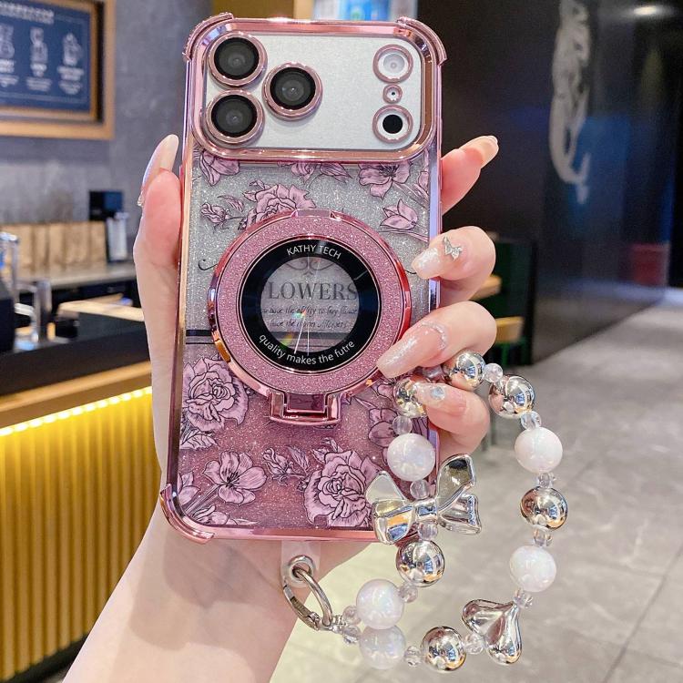 Gradient Glitter Flowers Electroplated Phone Case with Wrist Strap, For iPhone 17 Pro Max, For iPhone 17 Pro, For iPhone 17, For iPhone Air, For iPhone 16 Pro Max, For iPhone 16 Pro, For iPhone 16 Plus, For iPhone 16, For iPhone 15 Pro Max