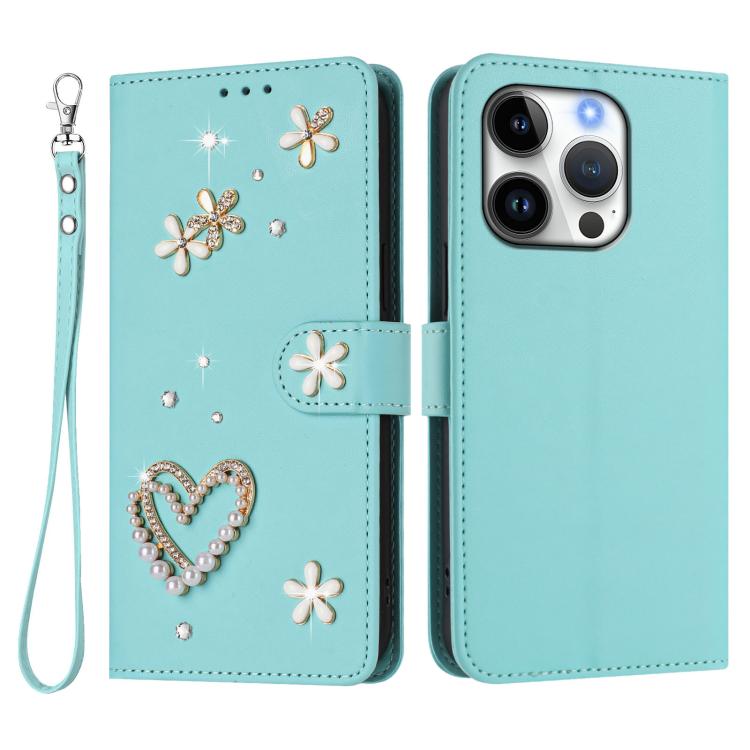 ZS01 Double-Layer Heart Floral Vegan Leather Phone Case with Wrist Strap, For iPhone 16 Pro, For iPhone 16 Plus, For iPhone 16, For iPhone 15 Pro Max, For iPhone 15 Pro, For iPhone 15 Plus
