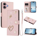 ZS01 Double-Layer Heart Floral Vegan Leather Phone Case with Wrist Strap, For iPhone 16 Pro, For iPhone 16 Plus, For iPhone 16, For iPhone 15 Pro Max, For iPhone 15 Pro, For iPhone 15 Plus