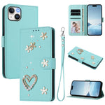 ZS01 Double-Layer Heart Floral Vegan Leather Phone Case with Wrist Strap, For iPhone 16 Pro, For iPhone 16 Plus, For iPhone 16, For iPhone 15 Pro Max, For iPhone 15 Pro, For iPhone 15 Plus