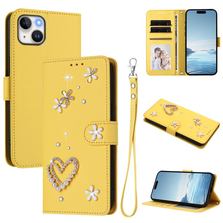 ZS01 Double-Layer Heart Floral Vegan Leather Phone Case with Wrist Strap, For iPhone 16 Pro, For iPhone 16 Plus, For iPhone 16, For iPhone 15 Pro Max, For iPhone 15 Pro, For iPhone 15 Plus