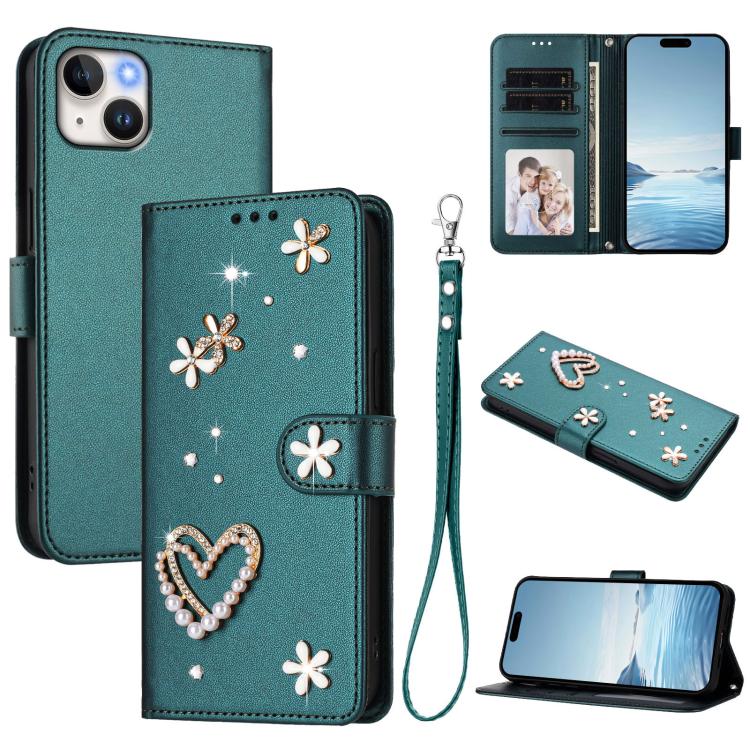 ZS01 Double-Layer Heart Floral Vegan Leather Phone Case with Wrist Strap, For iPhone 16 Pro, For iPhone 16 Plus, For iPhone 16, For iPhone 15 Pro Max, For iPhone 15 Pro, For iPhone 15 Plus