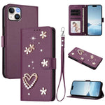 ZS01 Double-Layer Heart Floral Vegan Leather Phone Case with Wrist Strap, For iPhone 16 Pro, For iPhone 16 Plus, For iPhone 16, For iPhone 15 Pro Max, For iPhone 15 Pro, For iPhone 15 Plus