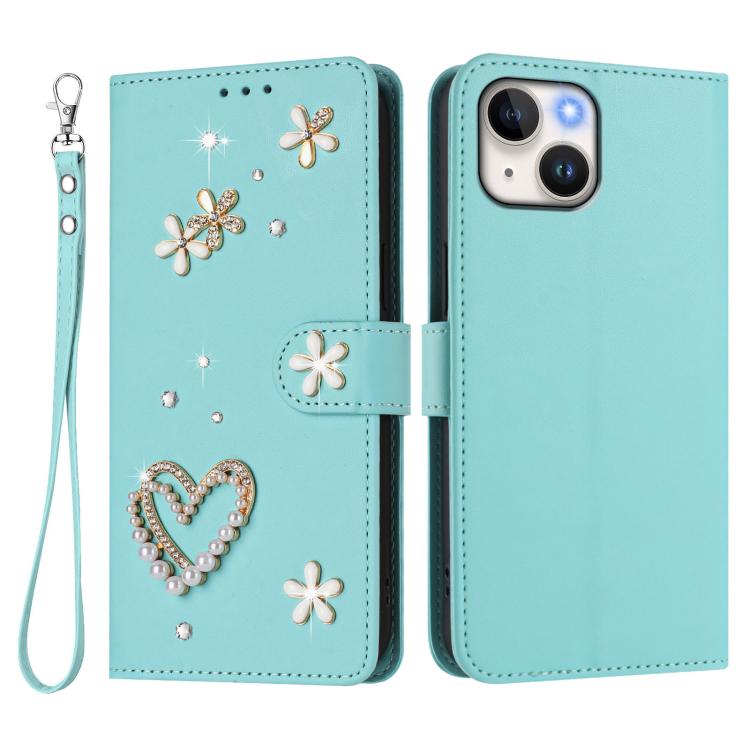 ZS01 Double-Layer Heart Floral Vegan Leather Phone Case with Wrist Strap, For iPhone 15, For iPhone 14 Plus, For iPhone 14 / 13, For iPhone 14 Pro, For iPhone 14 Pro Max, For iPhone 13 Pro Max