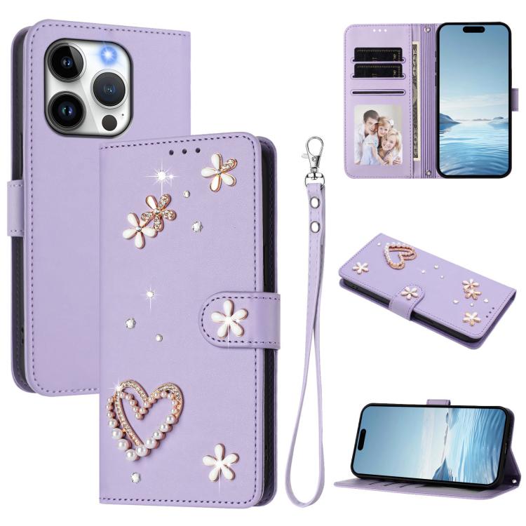 ZS01 Double-Layer Heart Floral Vegan Leather Phone Case with Wrist Strap, For iPhone 15, For iPhone 14 Plus, For iPhone 14 / 13, For iPhone 14 Pro, For iPhone 14 Pro Max, For iPhone 13 Pro Max