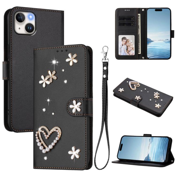 ZS01 Double-Layer Heart Floral Vegan Leather Phone Case with Wrist Strap, For iPhone 15, For iPhone 14 Plus, For iPhone 14 / 13, For iPhone 14 Pro, For iPhone 14 Pro Max, For iPhone 13 Pro Max