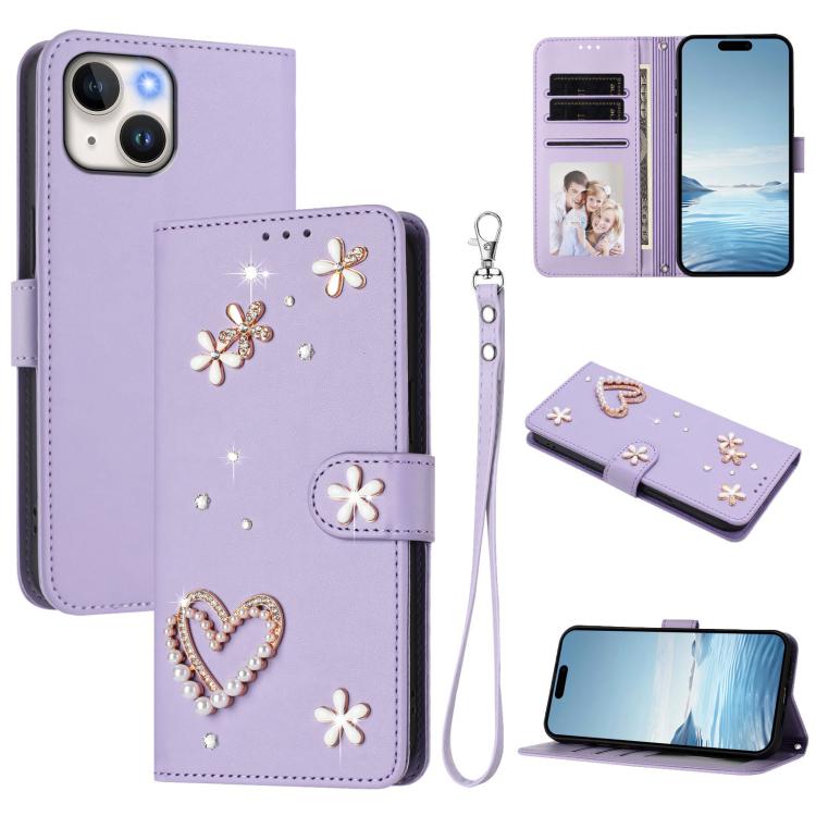 ZS01 Double-Layer Heart Floral Vegan Leather Phone Case with Wrist Strap, For iPhone 15, For iPhone 14 Plus, For iPhone 14 / 13, For iPhone 14 Pro, For iPhone 14 Pro Max, For iPhone 13 Pro Max