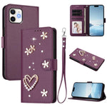 ZS01 Double-Layer Heart Floral Vegan Leather Phone Case with Wrist Strap, For iPhone 13 Pro, For iPhone 12 / 12 Pro, For iPhone 12 Pro Max, For iPhone 11 Pro Max, For iPhone 11, For iPhone 11 Pro