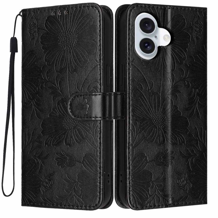 Sunflower Embossed Vegan Leather Phone Case with Small Black Rope, For iPhone 18 Pro, For iPhone 18 Pro Max, For iPhone 16e / 17e, For iPhone 17 Pro Max, For iPhone 17 Pro, For iPhone 17, For iPhone Air, For iPhone 16 Pro Max