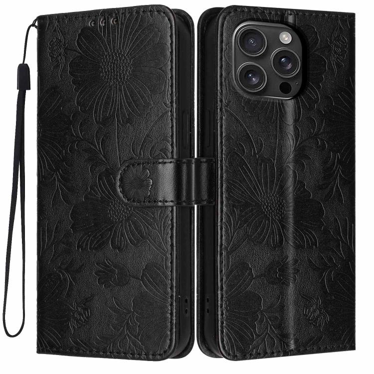 Sunflower Embossed Vegan Leather Phone Case with Small Black Rope, For iPhone 18 Pro, For iPhone 18 Pro Max, For iPhone 16e / 17e, For iPhone 17 Pro Max, For iPhone 17 Pro, For iPhone 17, For iPhone Air, For iPhone 16 Pro Max