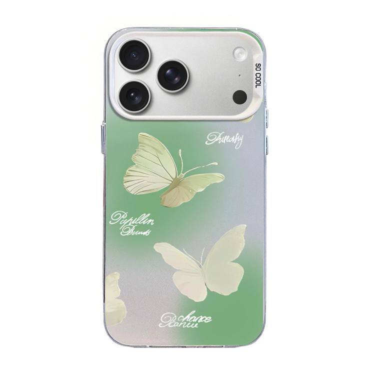 غطاء هاتف هجين من PC وTPU مطلي بالفضة بنقشة فراشة، لهواتف iPhone 17e / 16e، iPhone 17 Pro Max، iPhone 17 Pro، iPhone 17، iPhone Air، iPhone 16 Pro Max