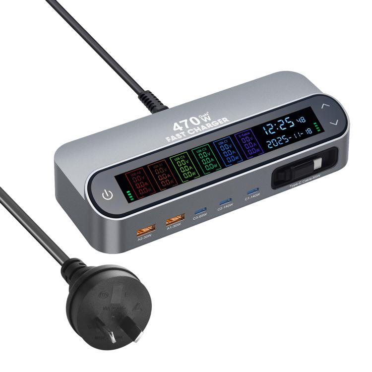 YMX-LCD470W 470W 3xType-C and 2xUSB GaN Smart Digital Display Multi-Function Charger with Type-C Retractable Cable, AU Plug, EU Plug, UK Plug, US Plug