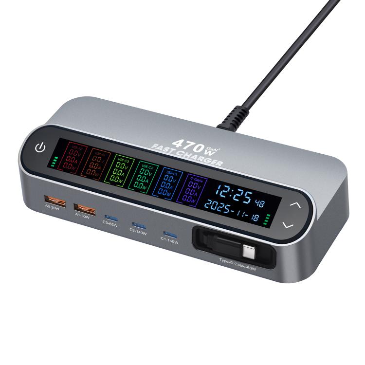 YMX-LCD470W 470W 3xType-C and 2xUSB GaN Smart Digital Display Multi-Function Charger with Type-C Retractable Cable, AU Plug, EU Plug, UK Plug, US Plug
