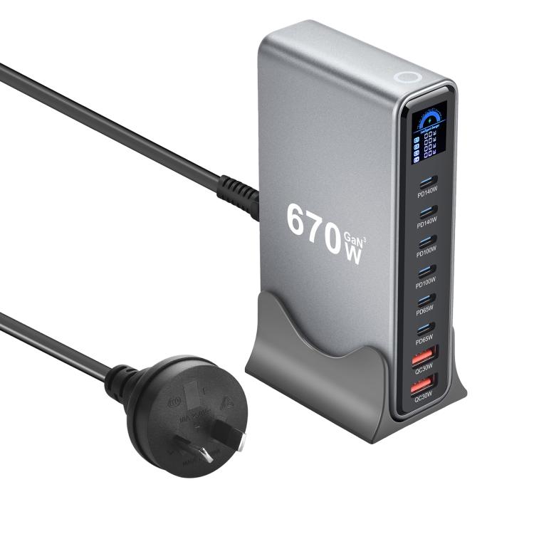 شاحن متعدد الوظائف YMX-LCD670W بقوة 670 واط مع 6 منافذ Type-C و2 منفذ USB GaN مع عرض رقمي، قابس AU، قابس EU، قابس UK، قابس US