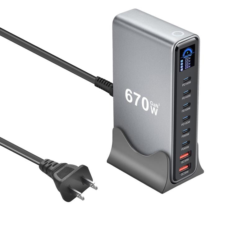 شاحن متعدد الوظائف YMX-LCD670W بقوة 670 واط مع 6 منافذ Type-C و2 منفذ USB GaN مع عرض رقمي، قابس AU، قابس EU، قابس UK، قابس US