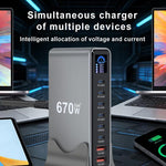 شاحن متعدد الوظائف YMX-LCD670W بقوة 670 واط مع 6 منافذ Type-C و2 منفذ USB GaN مع عرض رقمي، قابس AU، قابس EU، قابس UK، قابس US