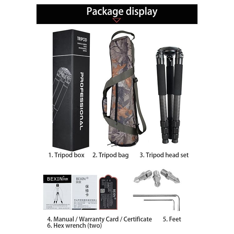 BEXIN ST424C Rugged Camcorder Photographic Carbon Fiber Big Tripod, Max Tube: 40mm, ST424C