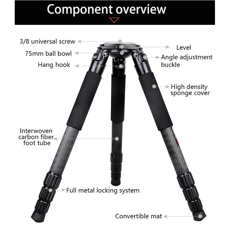 BEXIN ST424C Rugged Camcorder Photographic Carbon Fiber Big Tripod, Max Tube: 40mm, ST424C