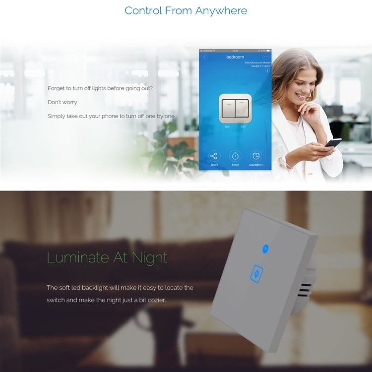 WS-EU-01 EWeLink APP & Touch Control 2A 1 Gang Tempered Glass Panel Smart Wall Switch, AC 90V-250V, EU Plug, 1 Gang