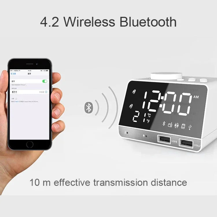 ساعة منبه ومكبر صوت بلوتوث K11، ساعة موسيقية رقمية مبتكرة مع راديو وشاشتين USB، تدعم ذاكرة USB / بطاقة TF / FM / AUX، قابس أمريكي، أسود، أبيض
