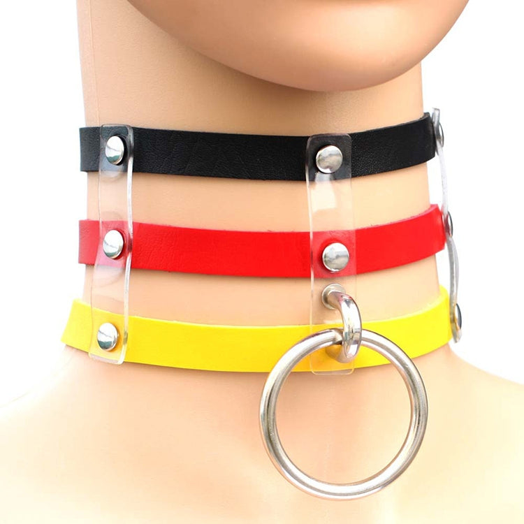Harajuku Fashion Punk Gothic Rivets Collar Hand 3-rows Caged Leather Collar Necklace, Pink, (Silver), (Green), (Red+Yellow+Red), (White+Dark Blue+Red), (Baby Blue), (Gold), (Baby Blue+White+Baby Blue), (Red+White+Green), (Dark Blue+White+Red)          ...