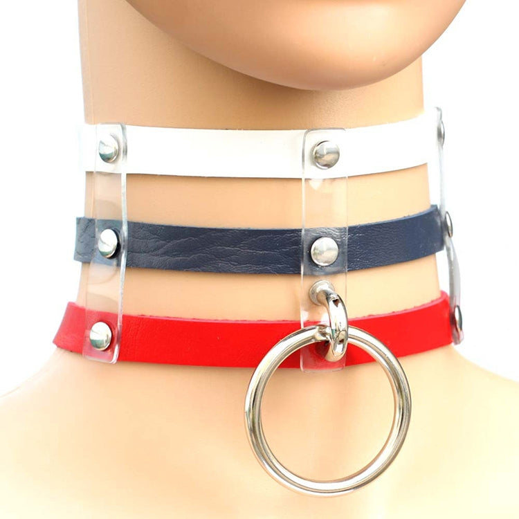 Harajuku Fashion Punk Gothic Rivets Collar Hand 3-rows Caged Leather Collar Necklace, Pink, (Silver), (Green), (Red+Yellow+Red), (White+Dark Blue+Red), (Baby Blue), (Gold), (Baby Blue+White+Baby Blue), (Red+White+Green), (Dark Blue+White+Red)          ...