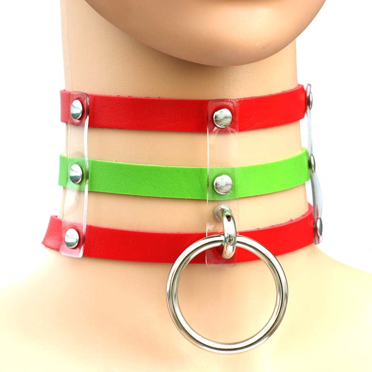 Harajuku Fashion Punk Gothic Rivets Collar Hand 3-rows Caged Leather Collar Necklace, Pink, (Silver), (Green), (Red+Yellow+Red), (White+Dark Blue+Red), (Baby Blue), (Gold), (Baby Blue+White+Baby Blue), (Red+White+Green), (Dark Blue+White+Red)          ...