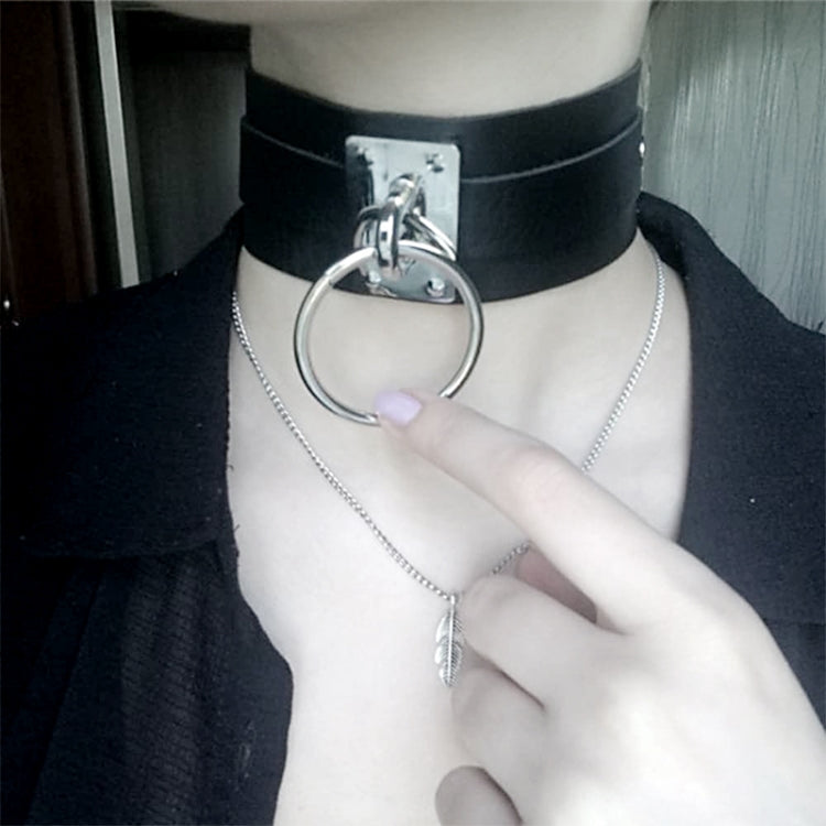 European and American Harajuku PU Leather Silver Single Ring Collar Wide Street-Snap Nightclub O-shaped Choker Necklace, Silver Ring