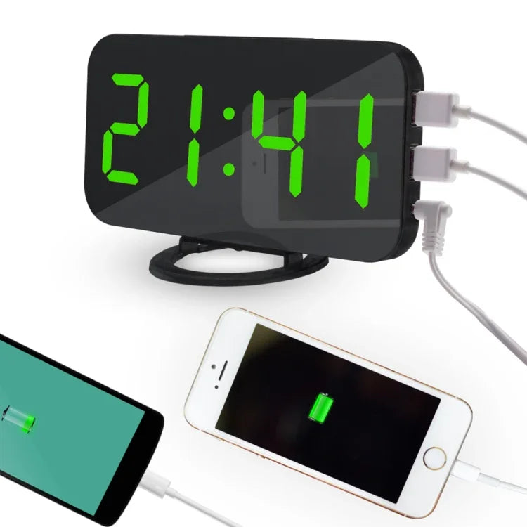 Multifunction Creative Mirror Reflective LED Display Alarm Clock with Snooze Function & 2 USB Charge Port