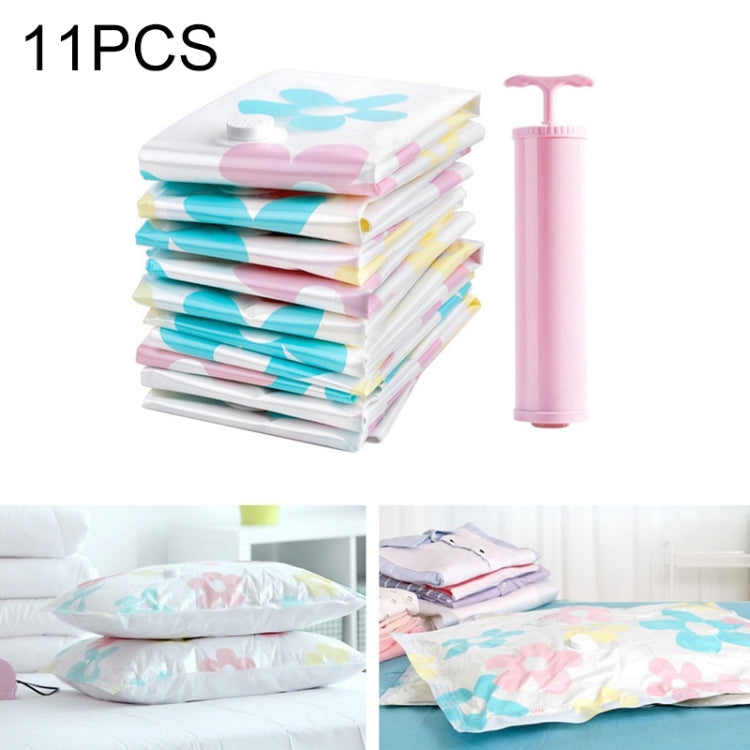 11 PCS Space Saving Sunflowers Pattern Vacuum Storage Bag, Thinken Quilts Clothing Vacuum Seal Storage Bag with a Hand Pump, Including: 3 PCS 80*100 cm，2 PCS 60*80 cm, 3 PCS 50*70 cm, 2 PCS 40*60 cm, 11 PCS Storage Bag