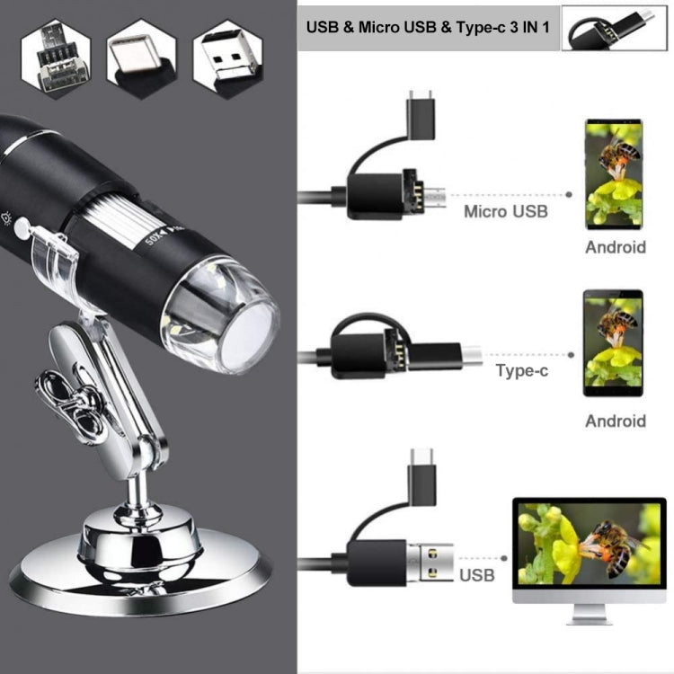 مكبر صورة 1600X مع حساس HD، ميكروسكوب رقمي USB 3 في 1 مع 8 مصابيح LED وحامل احترافي