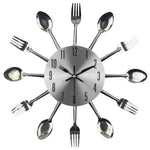 Cutlery Metal Kitchen Wall Clock Spoon Fork Creative Quartz Wall Mounted Clocks Modern Design Decorative Horloge, Silver, Silver