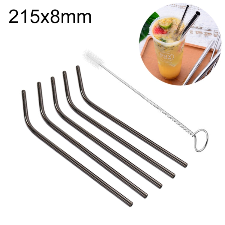 5pcs Reusable Stainless Steel Bent Drinking Straw + Cleaner Brush Set Kit,  215*8mm, 215*8mm (Bent)