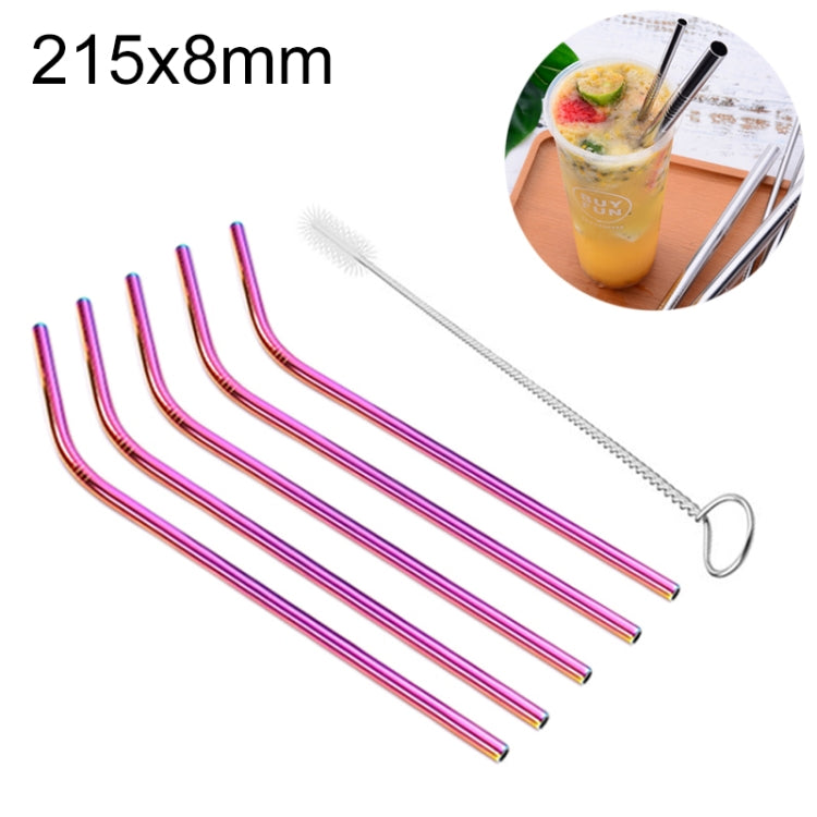5pcs Reusable Stainless Steel Bent Drinking Straw + Cleaner Brush Set Kit,  215*8mm, 215*8mm (Bent)