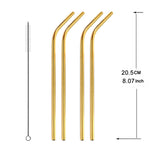 5pcs Reusable Stainless Steel Bent Drinking Straw + Cleaner Brush Set Kit,  215*8mm, 215*8mm (Bent)