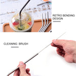 5pcs Reusable Stainless Steel Bent Drinking Straw + Cleaner Brush Set Kit,  215*8mm, 215*8mm (Bent)