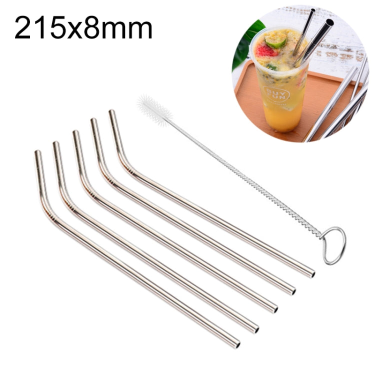 5pcs Reusable Stainless Steel Bent Drinking Straw + Cleaner Brush Set Kit,  215*8mm, 215*8mm (Bent)