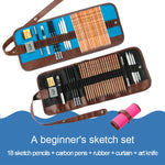 Beginner Sketching Tools (18 PCS Sketching Pencils + Charcoal Pencil + Erasers + Pen Curtain + Art Knife) Sketching Set, Sketching Set