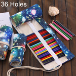 36 Slots Cosmic Galaxy Print Pen Bag Canvas Pencil Wrap Curtain Roll Up Pencil Case Stationery Pouch, 36 Slots