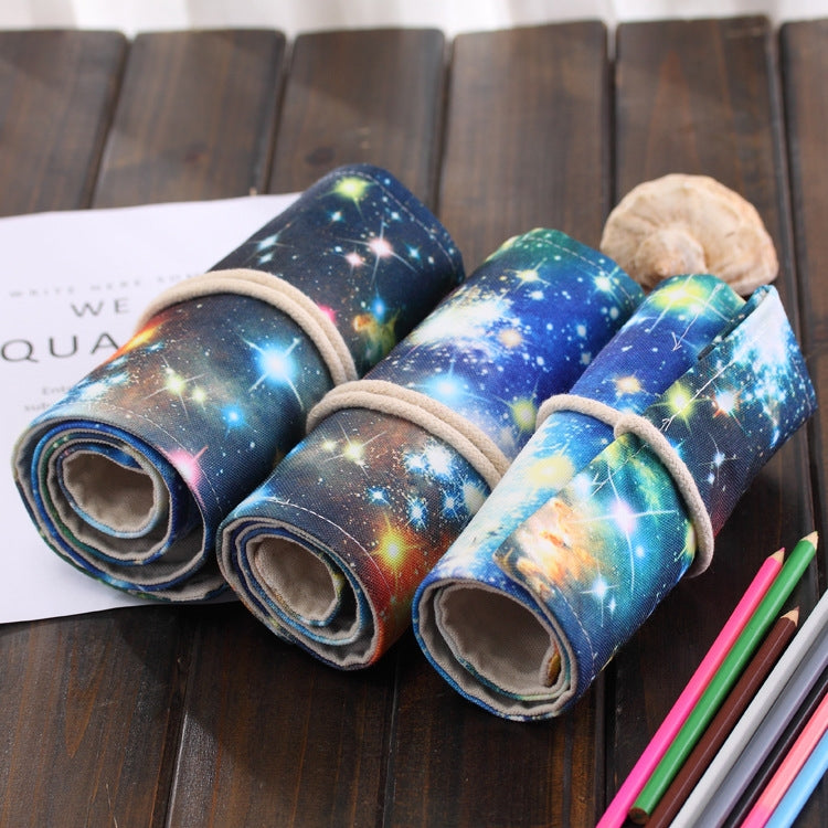 36 Slots Cosmic Galaxy Print Pen Bag Canvas Pencil Wrap Curtain Roll Up Pencil Case Stationery Pouch, 36 Slots