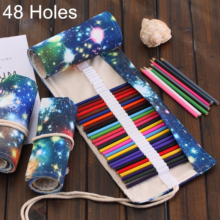 48 Slots Cosmic Galaxy Print Pen Bag Canvas Pencil Wrap Curtain Roll Up Pencil Case Stationery Pouch, 48 Slots