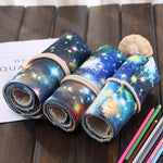 48 Slots Cosmic Galaxy Print Pen Bag Canvas Pencil Wrap Curtain Roll Up Pencil Case Stationery Pouch, 48 Slots