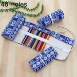 48 Slots Ethnic Elephant Print Pen Bag Canvas Pencil Wrap Curtain Roll Up Pencil Case Stationery Pouch, 48 Slots