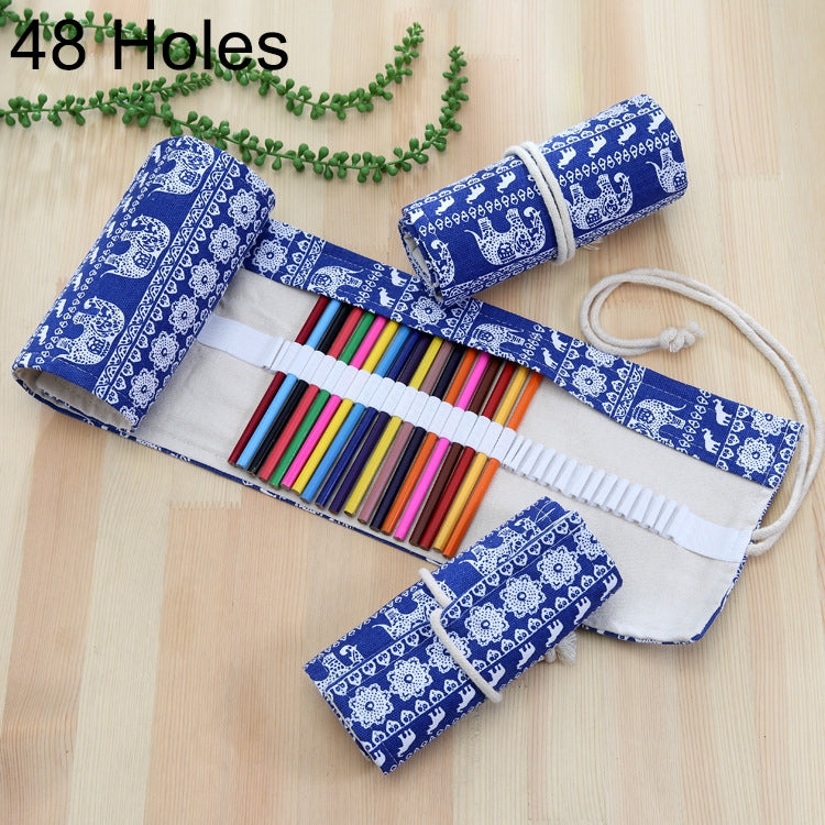 48 Slots Ethnic Elephant Print Pen Bag Canvas Pencil Wrap Curtain Roll Up Pencil Case Stationery Pouch, 48 Slots