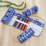48 Slots Ethnic Elephant Print Pen Bag Canvas Pencil Wrap Curtain Roll Up Pencil Case Stationery Pouch, 48 Slots