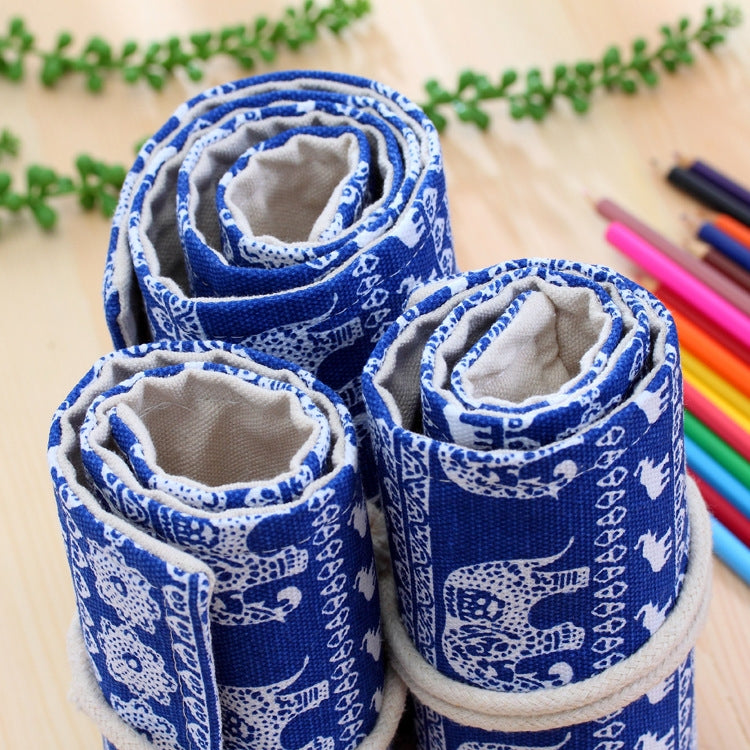 48 Slots Ethnic Elephant Print Pen Bag Canvas Pencil Wrap Curtain Roll Up Pencil Case Stationery Pouch, 48 Slots